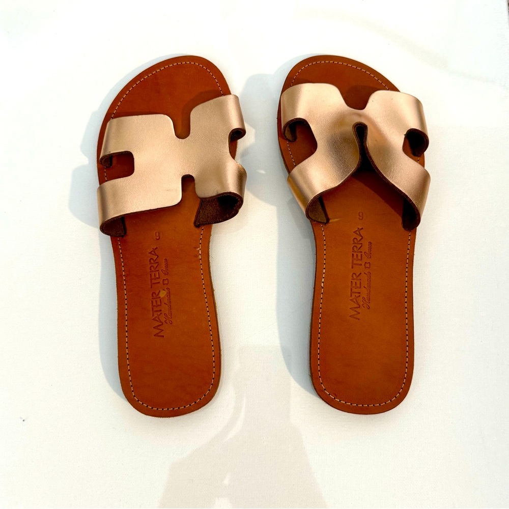 Greek-style Handmade Sandals | Size 9 | Tan + Gold